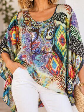 Faith Women's Multicolor Boho Beaded Kaftan Tunic Top – Size Large